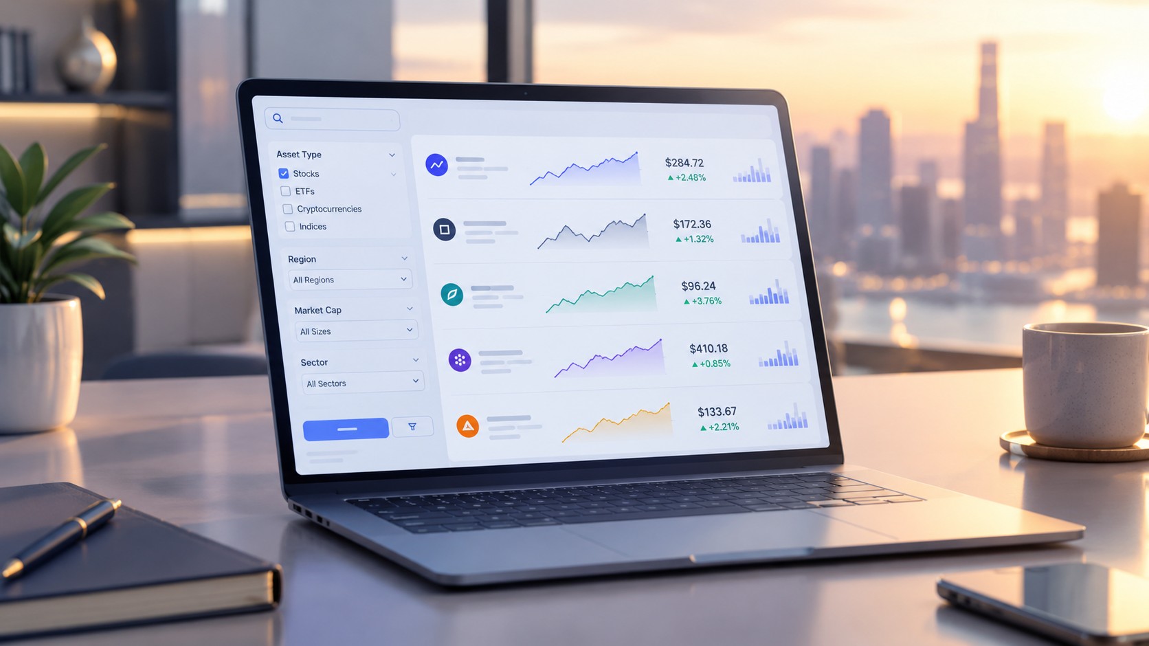 Sleek dashboard with filter panels and a list of stock charts
